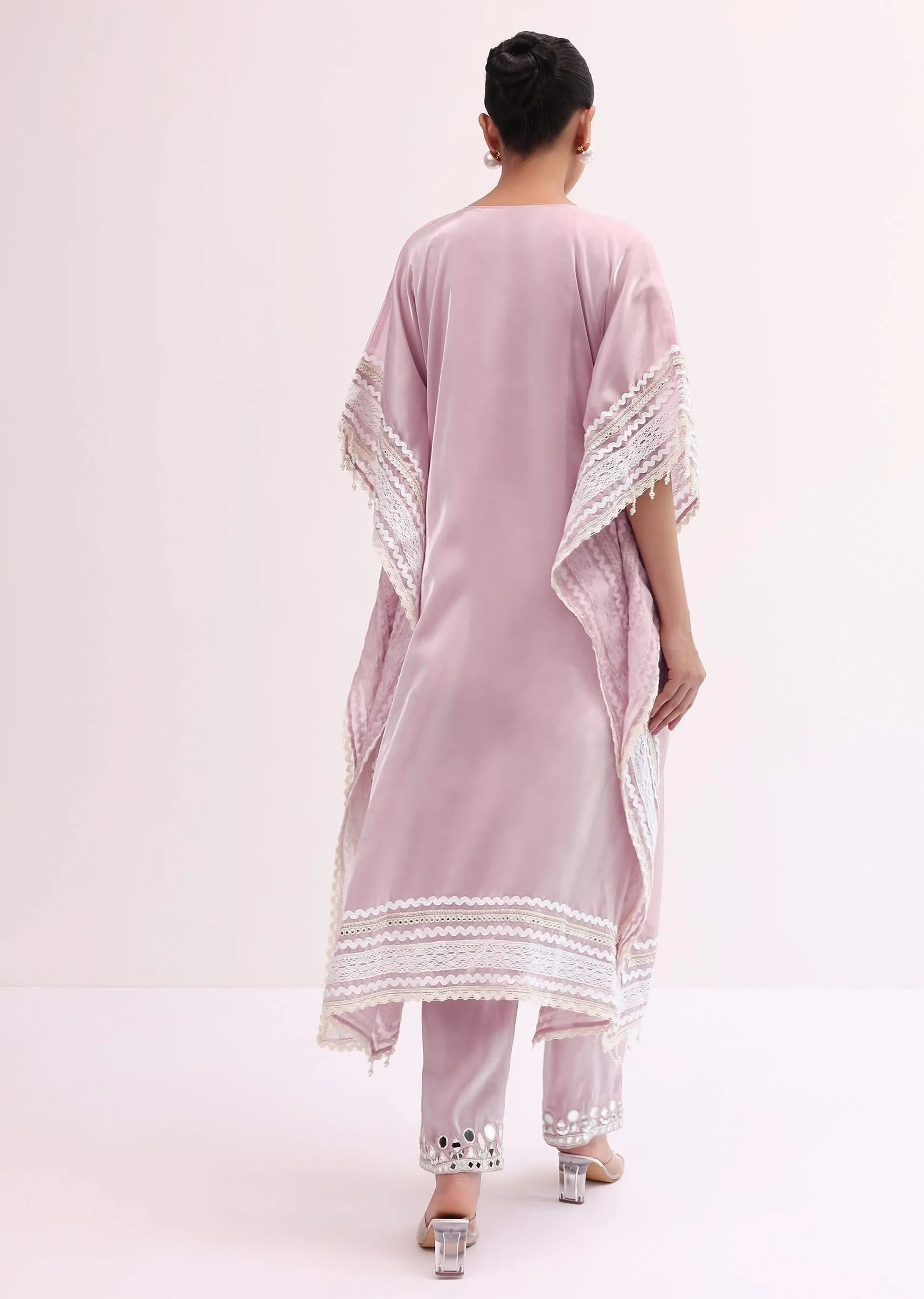 Baby Pink Embroidered Silk Kaftan Kurta Pant