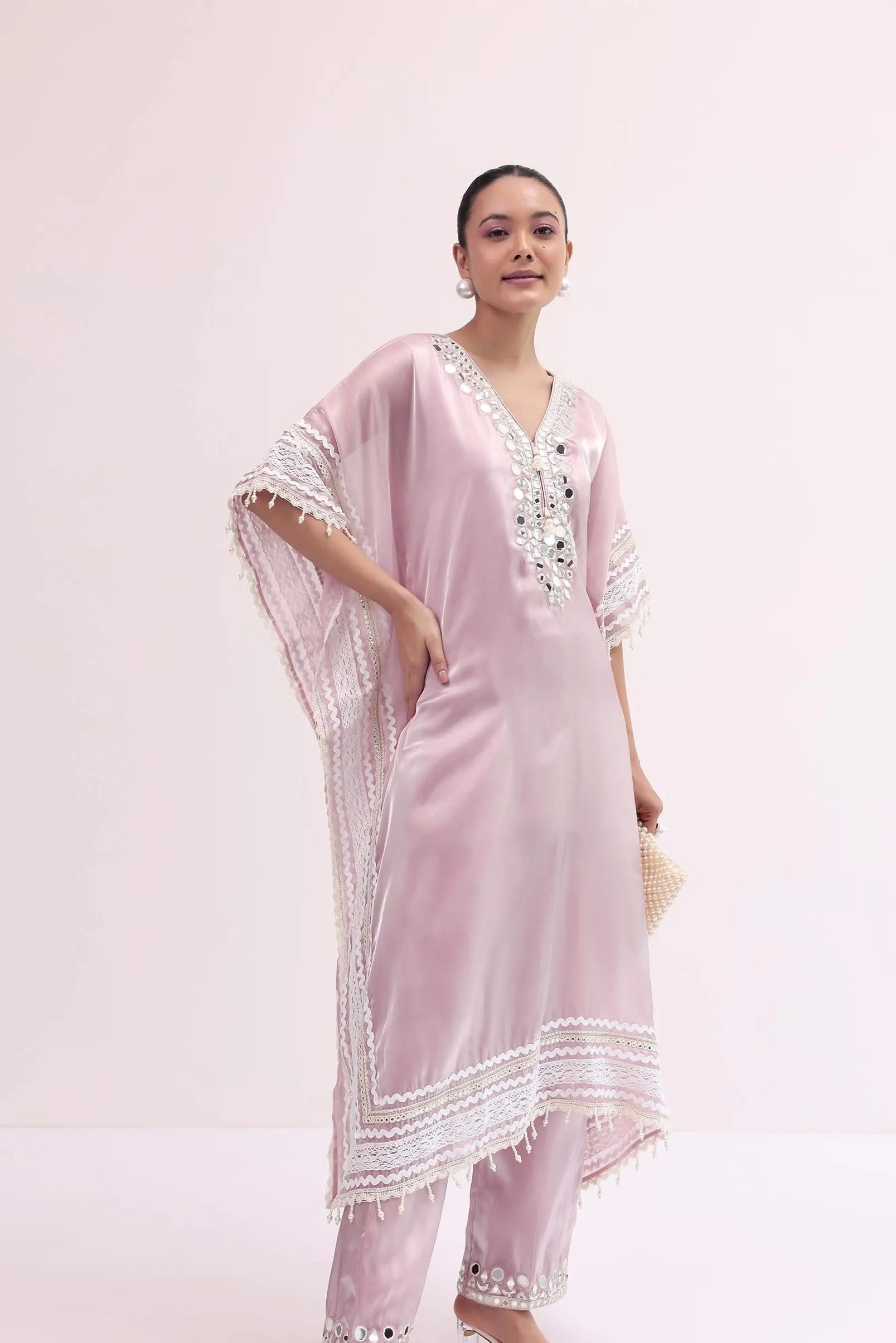 Baby Pink Embroidered Silk Kaftan Kurta Pant