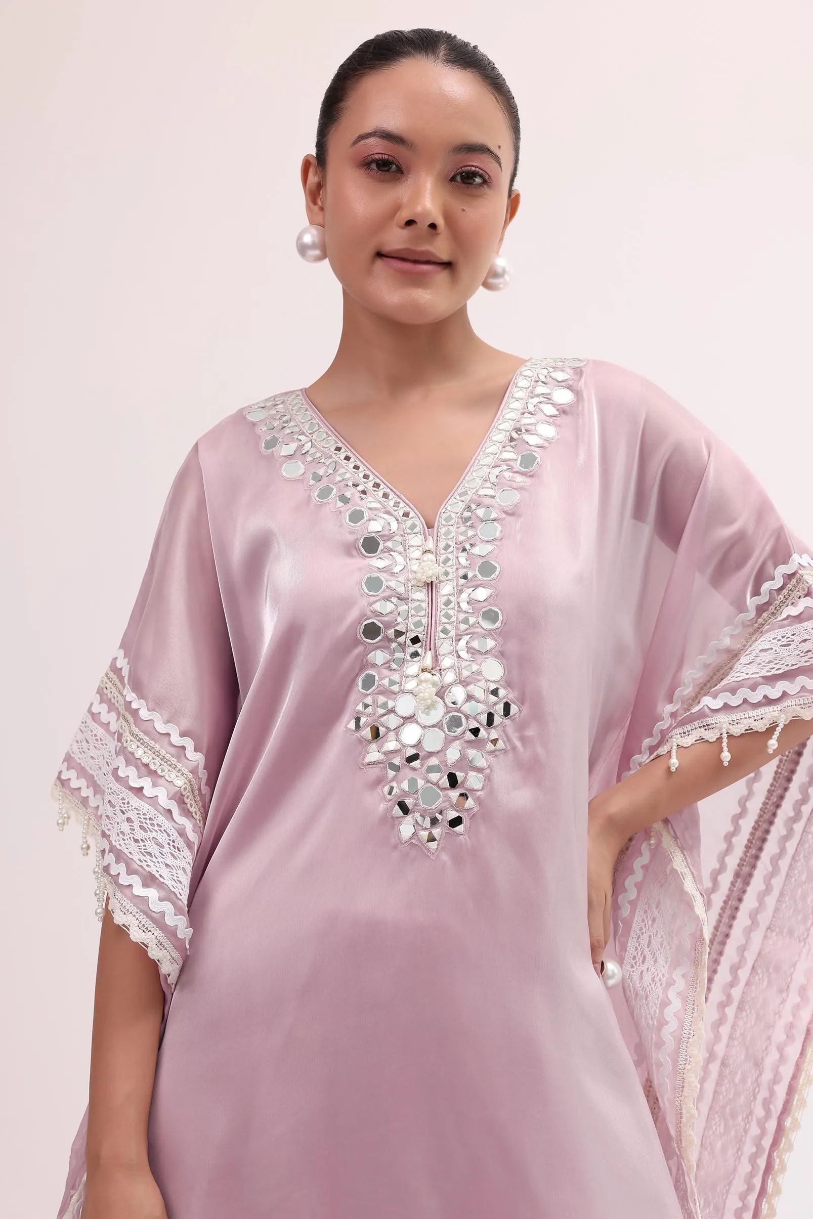 Baby Pink Embroidered Silk Kaftan Kurta Pant