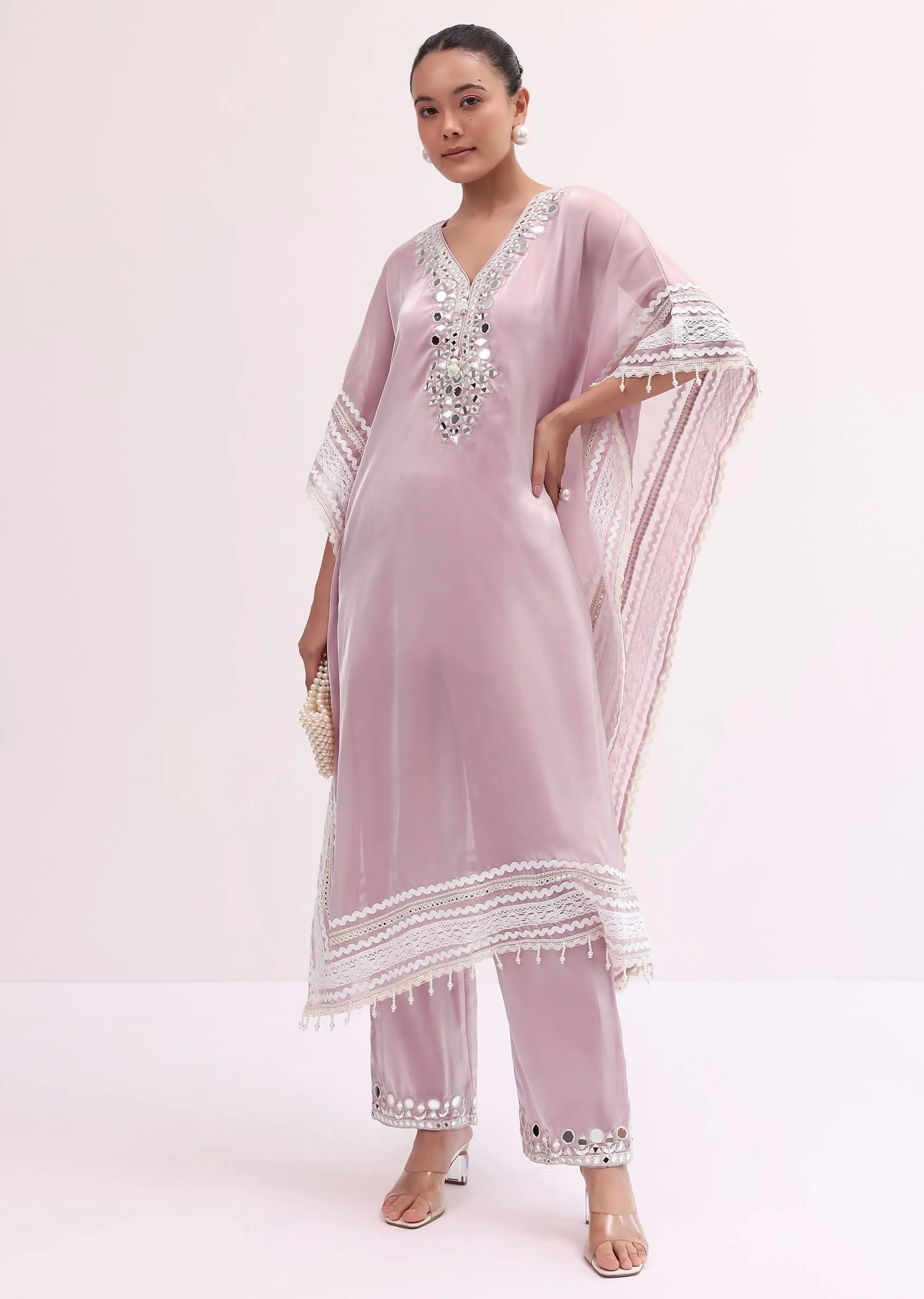 Baby Pink Embroidered Silk Kaftan Kurta Pant
