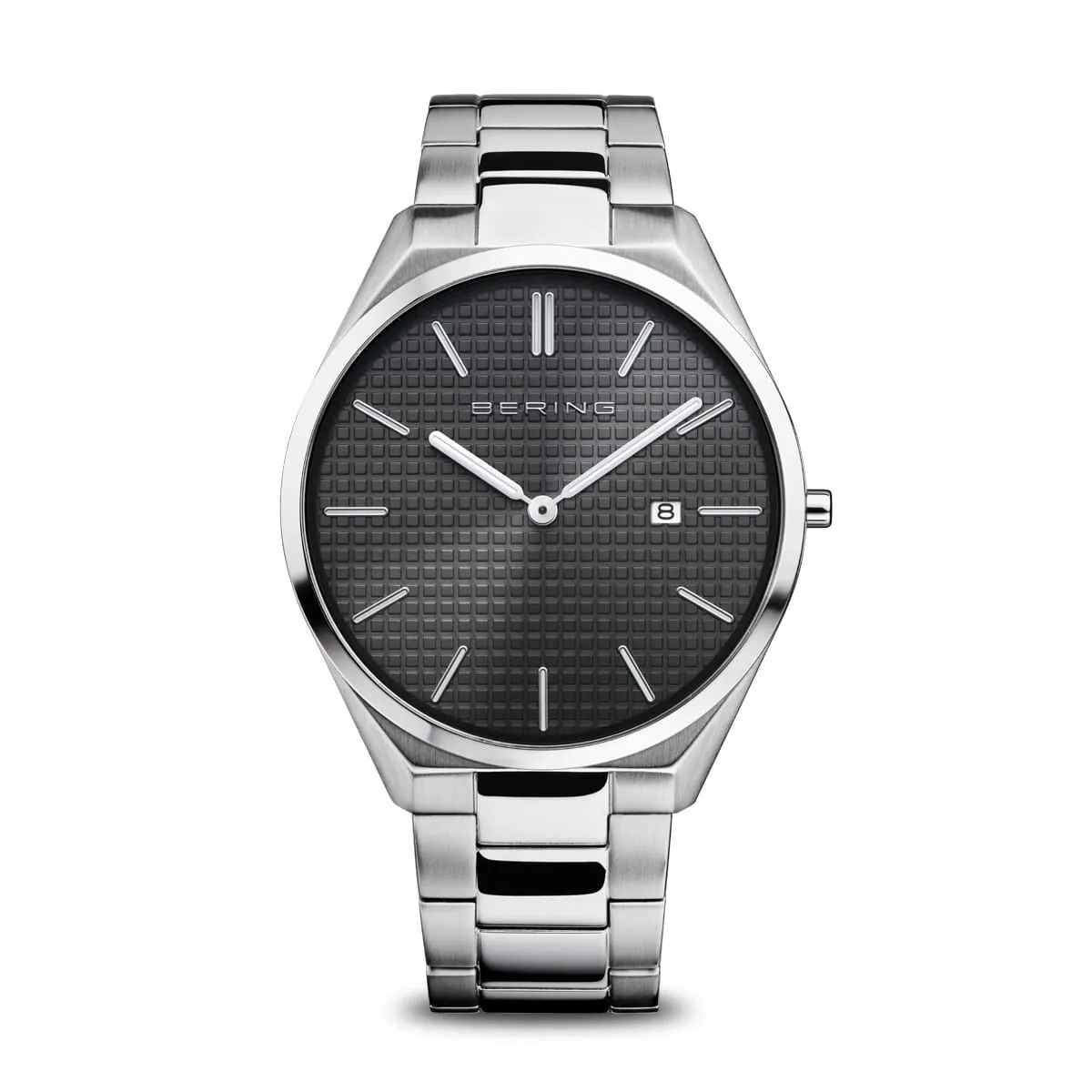 BERING Ultra Slim Polished/Brushed Black Dial Silver Link Watch