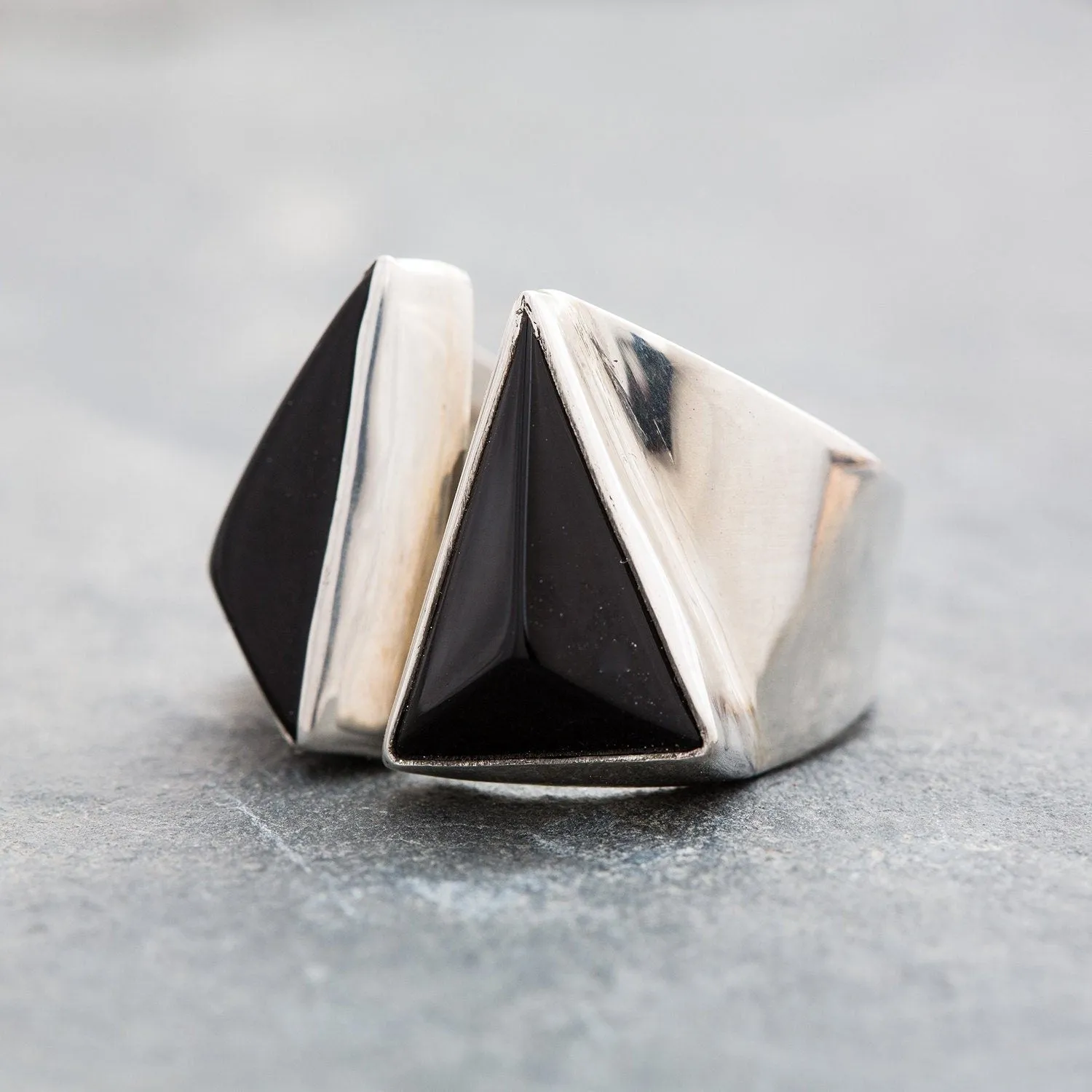 Black ONYX TETRAHEDRON Silver Ring