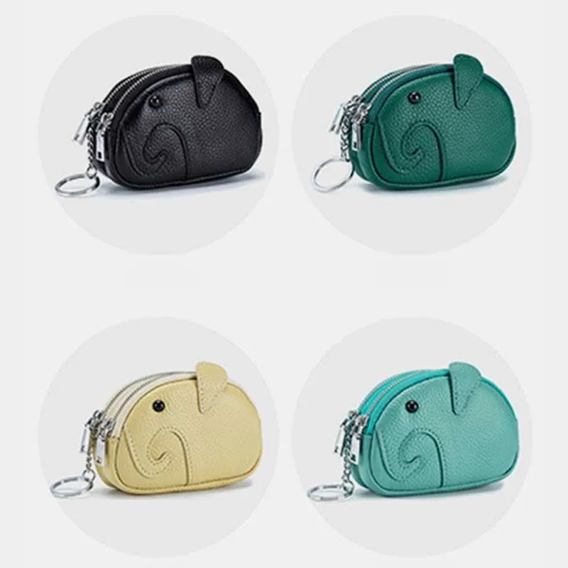 Genuine Leather Cute Elephant Coin Purse Zip Change Wallet Pouch