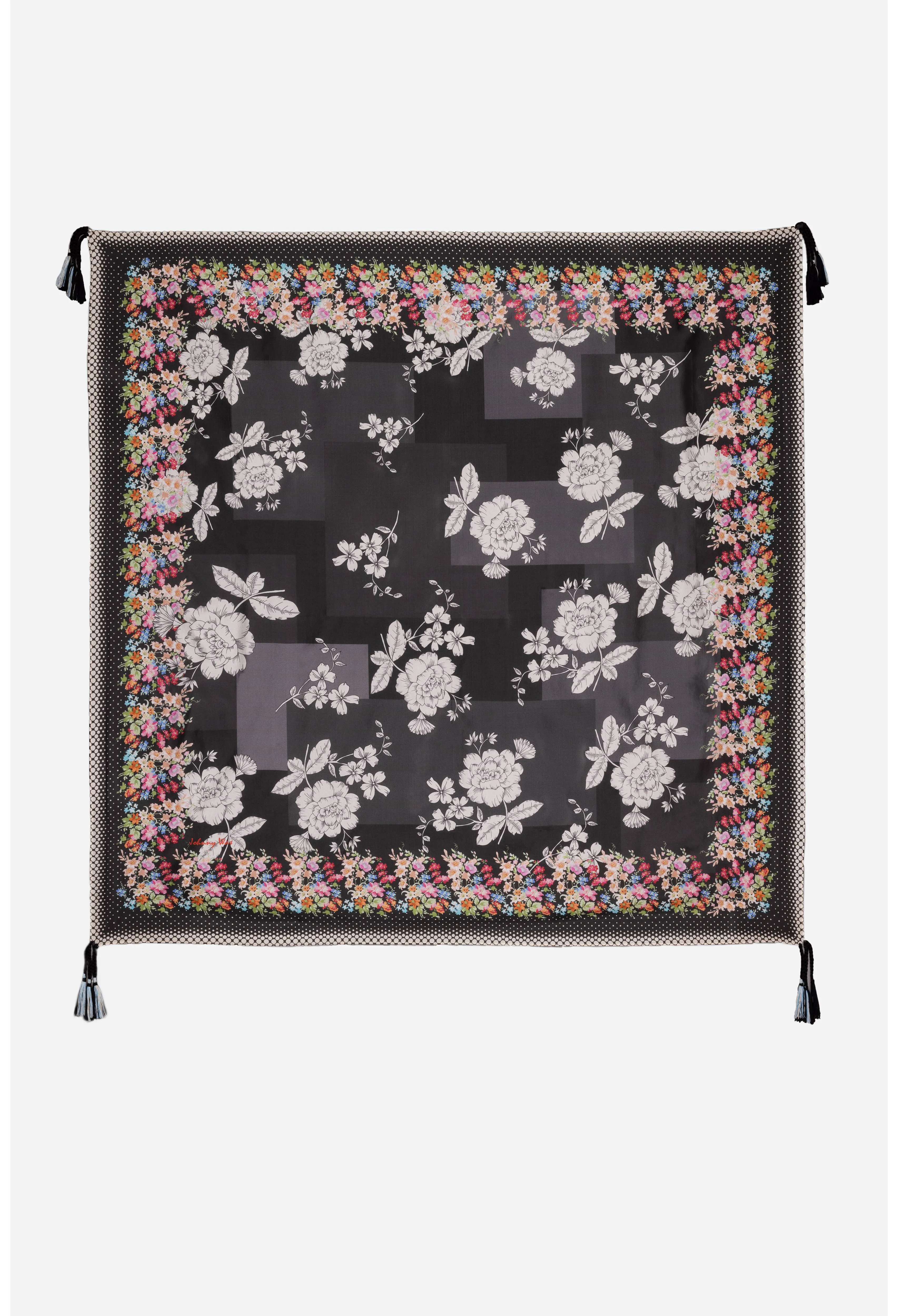 Johnny Was Redland Silk Scarf Square Large Floral Scarves Black White Tassel New