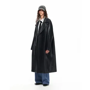 NUHT Retro Loose Long  Faux Leather Coat(Black)