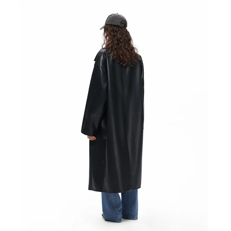 NUHT Retro Loose Long  Faux Leather Coat(Black)