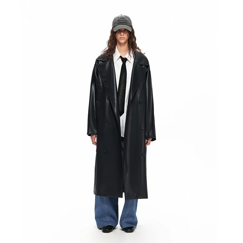 NUHT Retro Loose Long  Faux Leather Coat(Black)