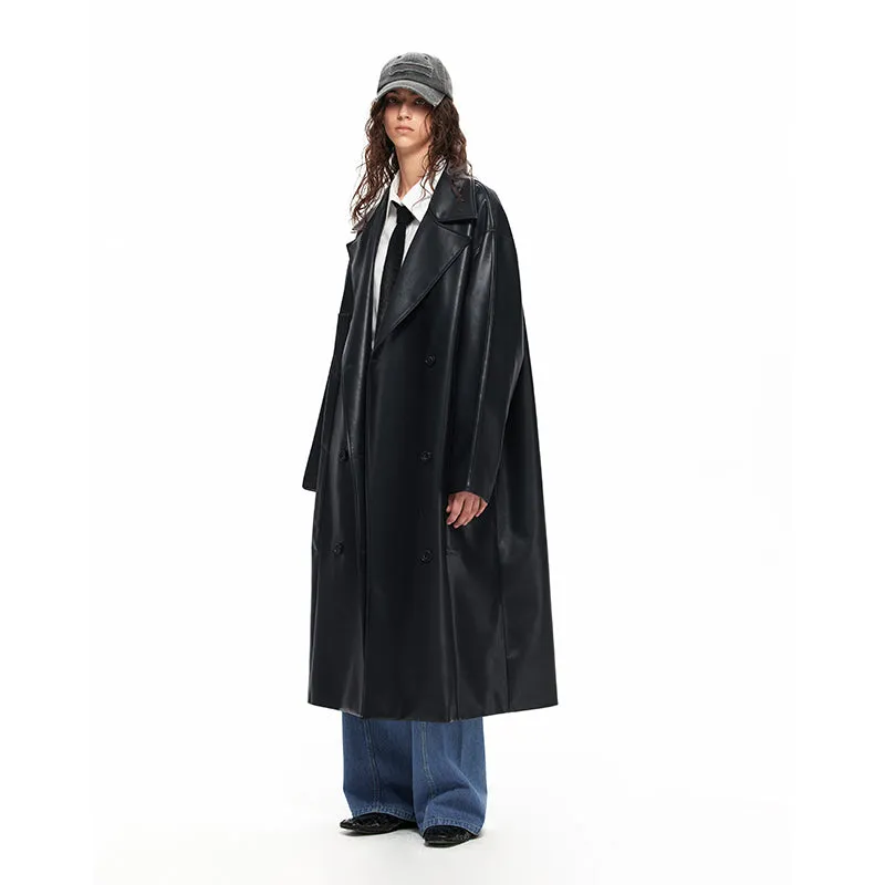 NUHT Retro Loose Long  Faux Leather Coat(Black)