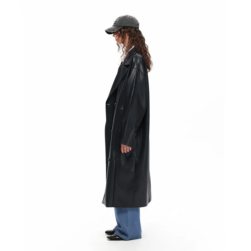 NUHT Retro Loose Long  Faux Leather Coat(Black)