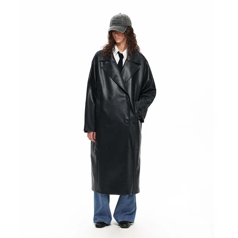 NUHT Retro Loose Long  Faux Leather Coat(Black)
