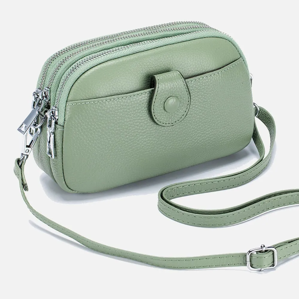 Triple Zip Real Leather Shoulder Bag Casual Crossbody Bag for Women